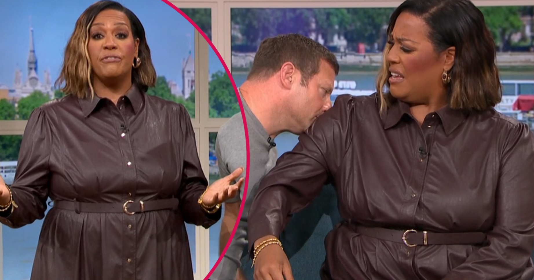 Alison Hammond in a brown dress presenting This Morning with Dermot O'Leary