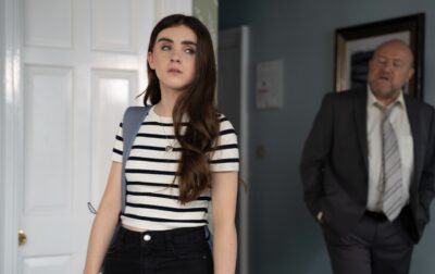April is locked in a hotel room with a client in Emmerdale