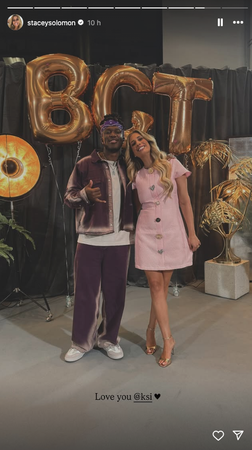 Stacey Solomon backstage at BGT with KSI