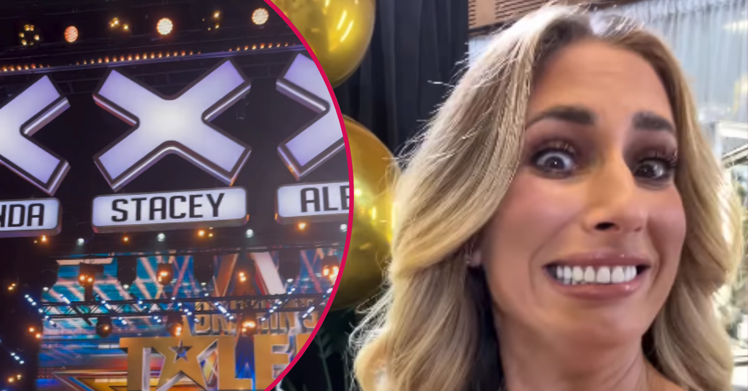 Stacey Solomon looking nervous and her name up on BGT