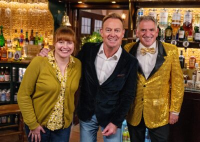 Lydia Dingle, Jason Donovan and Bob Hope in Emmerdale smile (Credit: ITV)