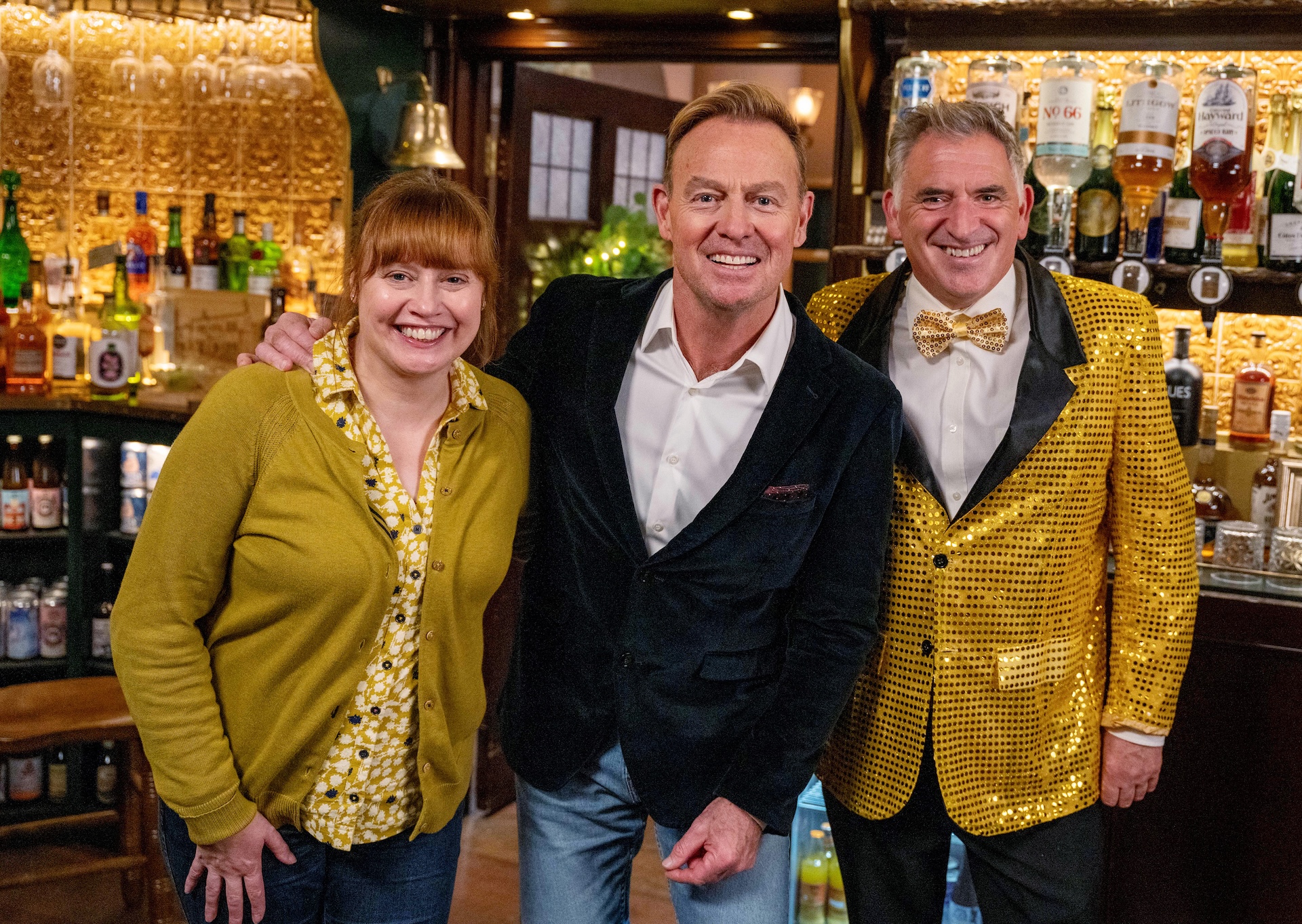 Lydia Dingle, Jason Donovan and Bob Hope in Emmerdale smile (Credit: ITV)
