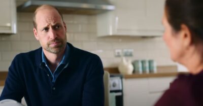 Prince William looks sad as he speaks to Rhian Mannings about her husband's suicide