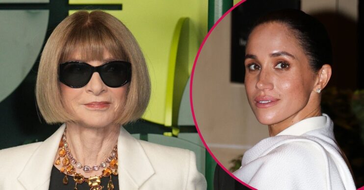 ED! composite of Anna Wintour with sunglasses on and Meghan Markle at Paris Fashion Week