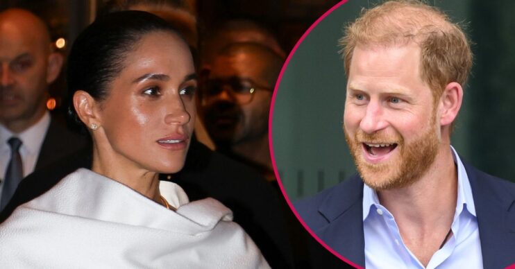 ED! composite of Meghan Markle at Paris Fashion Week and Prince Harry smiling in the UK