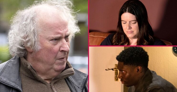 Nigel looks confused on EastEnders; inset, Zoe and Okie (Credit: BBC/Composite: ED!)