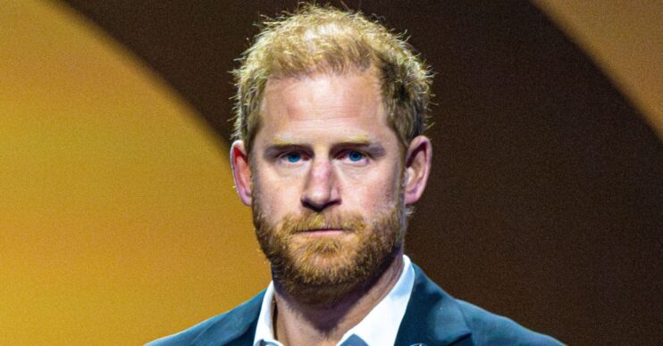 Prince Harry looks serious during speech