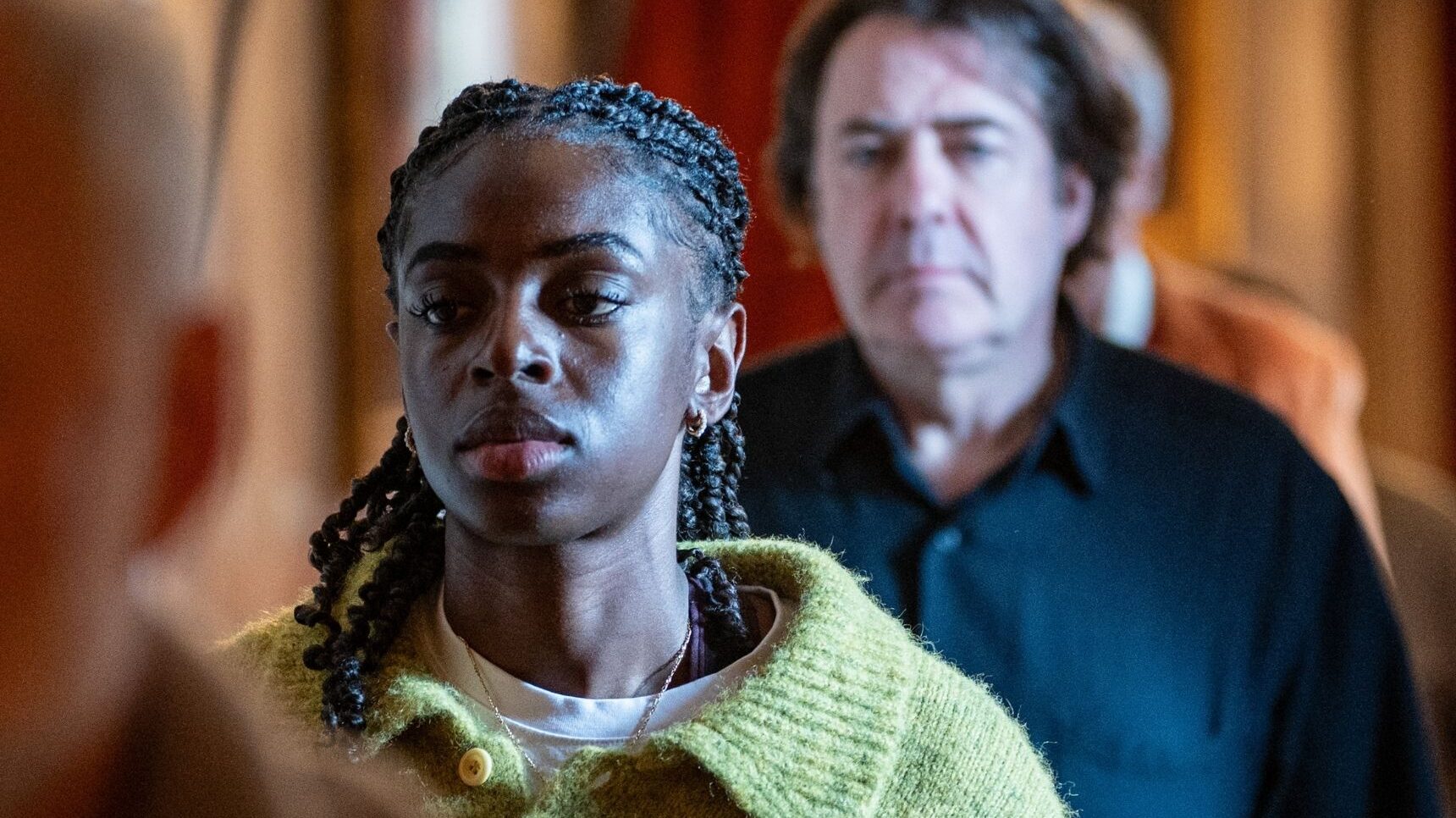 Cat Burns and Jonathan Ross in the Celebrity Traitors castle