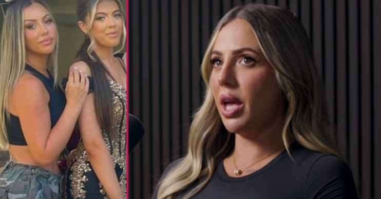 Holly Hagan on a podcast and with her sister