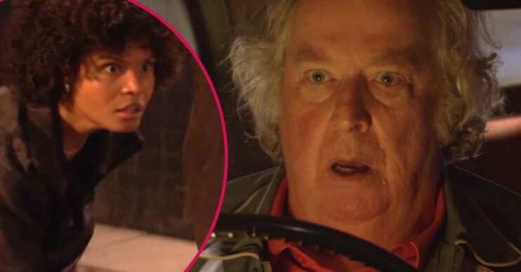 Nigel looks shocked on EastEnders; inset, Jasmine is about to be hit by his car (Credit: BBC/Composite: ED!)