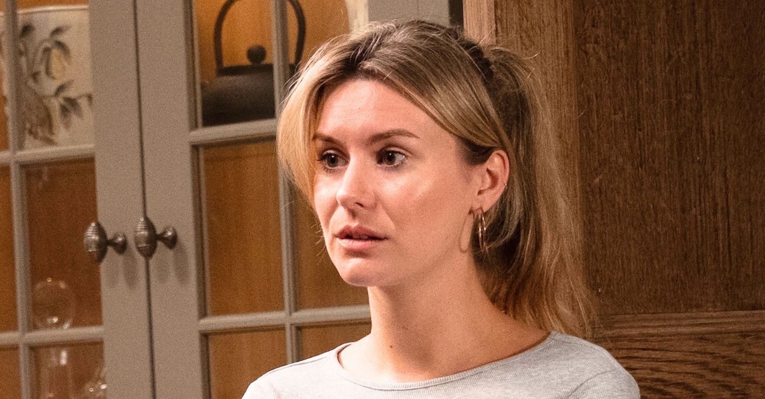 Emmerdale's Dawn Fletcher looks worried (Credit: ITV)