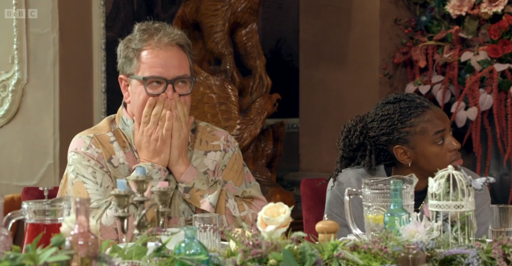 Alan Carr laughing on Traitors