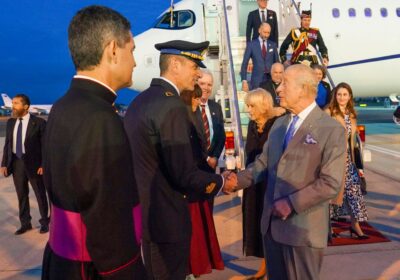 The King and Queen arrive in Rome to undertake an historic State Visit to the Holy See Their Majesties will join His Holiness Pope Leo XIV to celebrate the 2025 Jubilee year. In the background, Lieutenant Colonel Johnny Thompson can be seen walking down the steps of the aircraft.