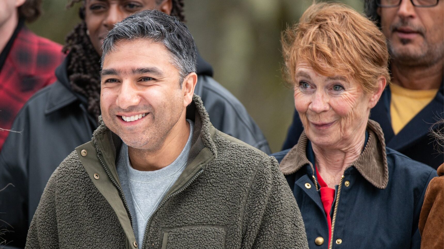A close up of Celebrity Traitors stars Nick Mohammed and Celia Imrie