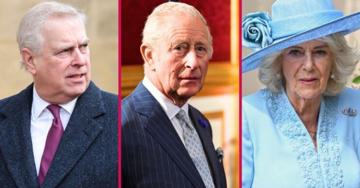 RI composite: prince Andrew frowning, King Charles frowning, Queen Camilla frowning