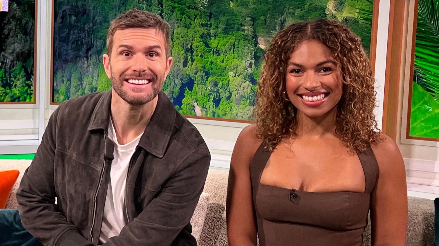 Joel Dommett and Kemi Rodgers in the I'm A Celebrity... Unpacked studio