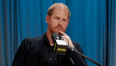 Prince Harry frowning on the Hasan Minhaj Doesn't Know podcast