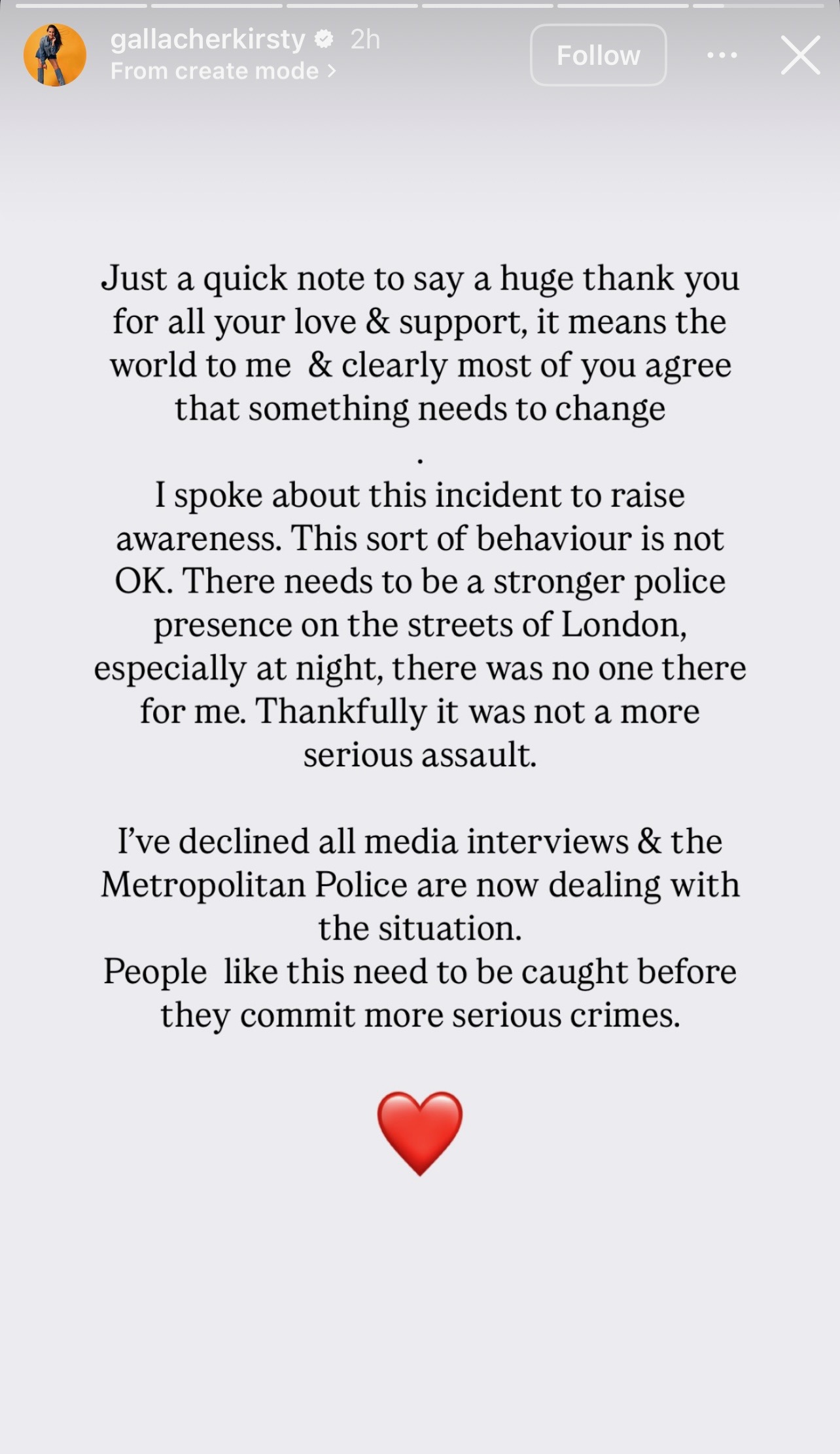 Kirsty's Instagram Story