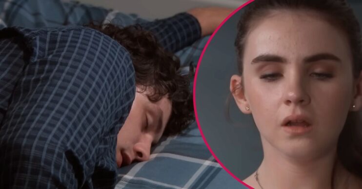 Callum unconscious on Emmerdale; inset, April looks scared (Credit: ITV/Composite: ED!)