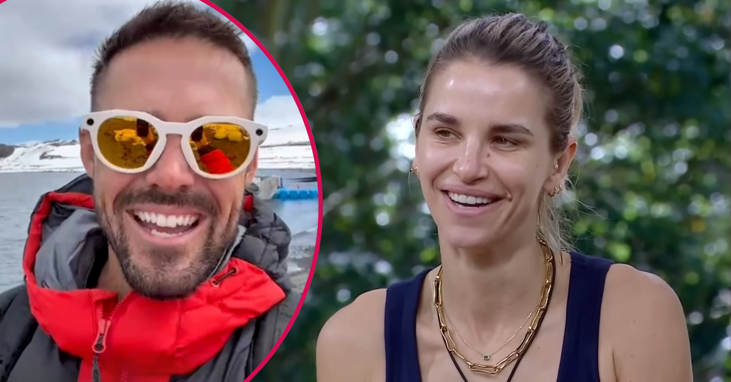 Vogue Williams on I'm A Celebrity smiling and Spencer Matthews in Antarctica