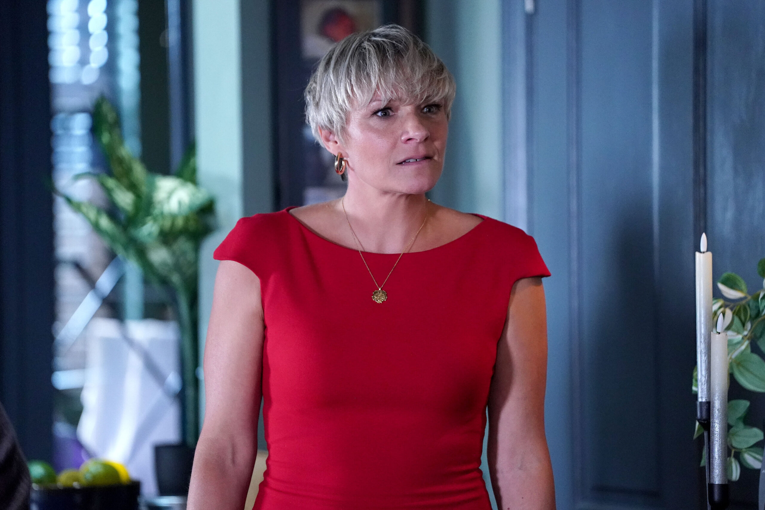 Nicola looks shocked in EastEnders