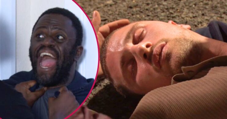 Harry unconscious in EastEnders tonight; inset, Kojo screams (Credit: BBC/Composite: ED!)