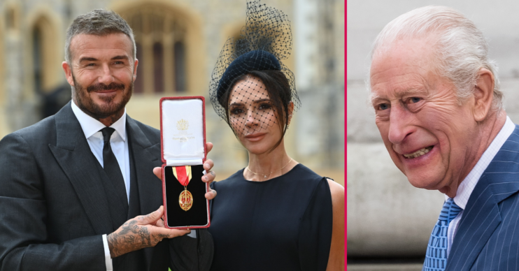ED composite of David and Victoria Beckham smiling and King Charles smiling in navy suit