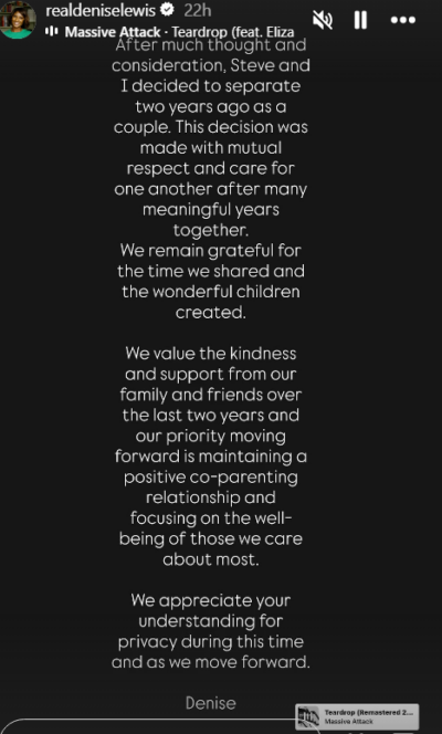Denise Lewis Instagram story announcing split