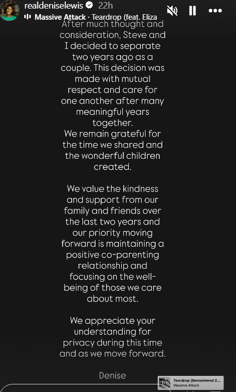 Denise Lewis Instagram story announcing split