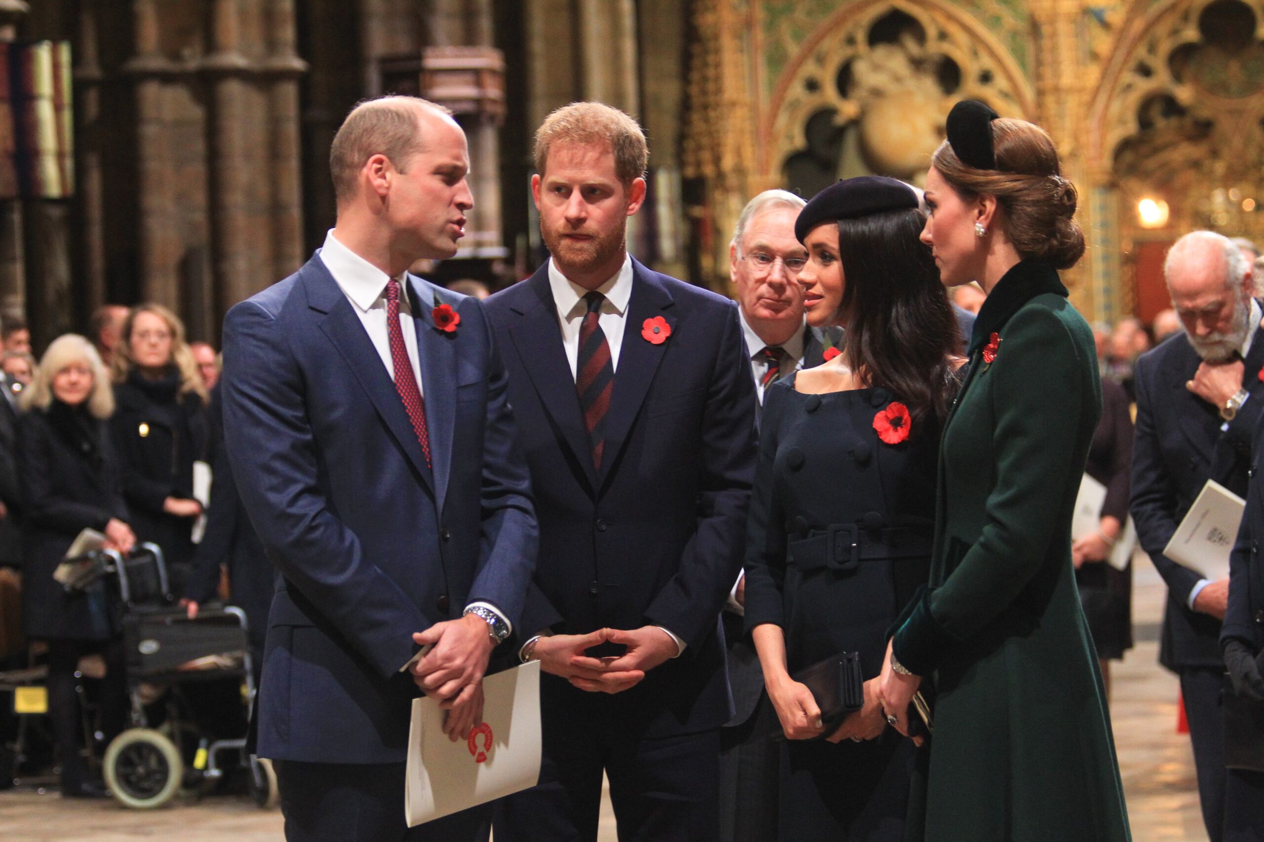 Prince Harry and Meghan Duchess of Sussex and Prince William and Catherine Duchess of Cambridge process pass the Grave of the Unknown Warrior at the end fo the service. National Service to mark the Centenary of the Armistice, Westminster Abbey, London, UK - 11 Nov 2018