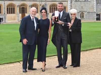 David Beckham with Victoria and his parents after receiving knighthood