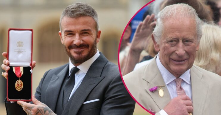 ED composite of David Beckham with his knighthood and King Charles smiling