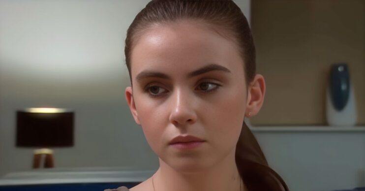 April in Emmerdale looking scared (Credit: ITV)