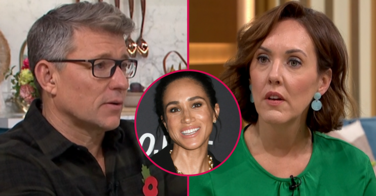 Ben Shephard and Camilla Tominey looking tense and Meghan Markle inset