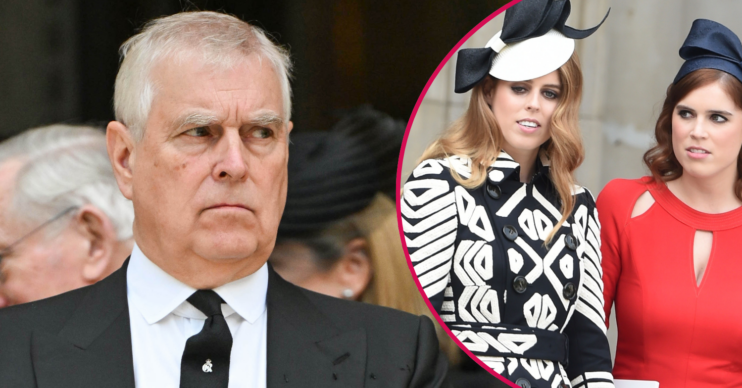 Prince Andrew frowning beside his daughter Beatrice and Eugenie