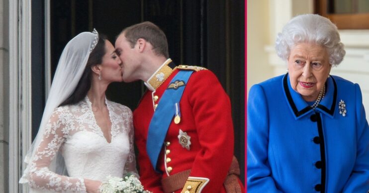 Kate Middleton and Prince William kissing on their wedding day / Queen Elizabeth II in a blue outfit