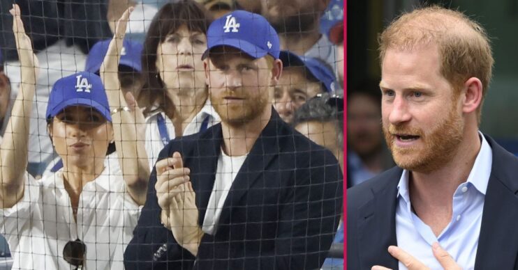 ED composite of Meghan Markle and Prince Harry at LA Dodgers game and Harry during UK visit