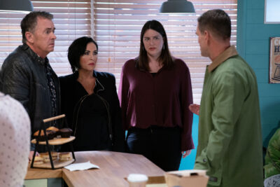 Zoe, Kat and Alfie talk to Jack in the cafe