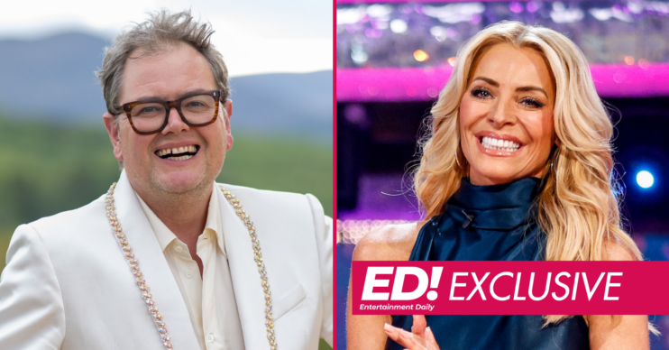 Alan Carr smiling and Tess Daly on Strictly Come Dancing