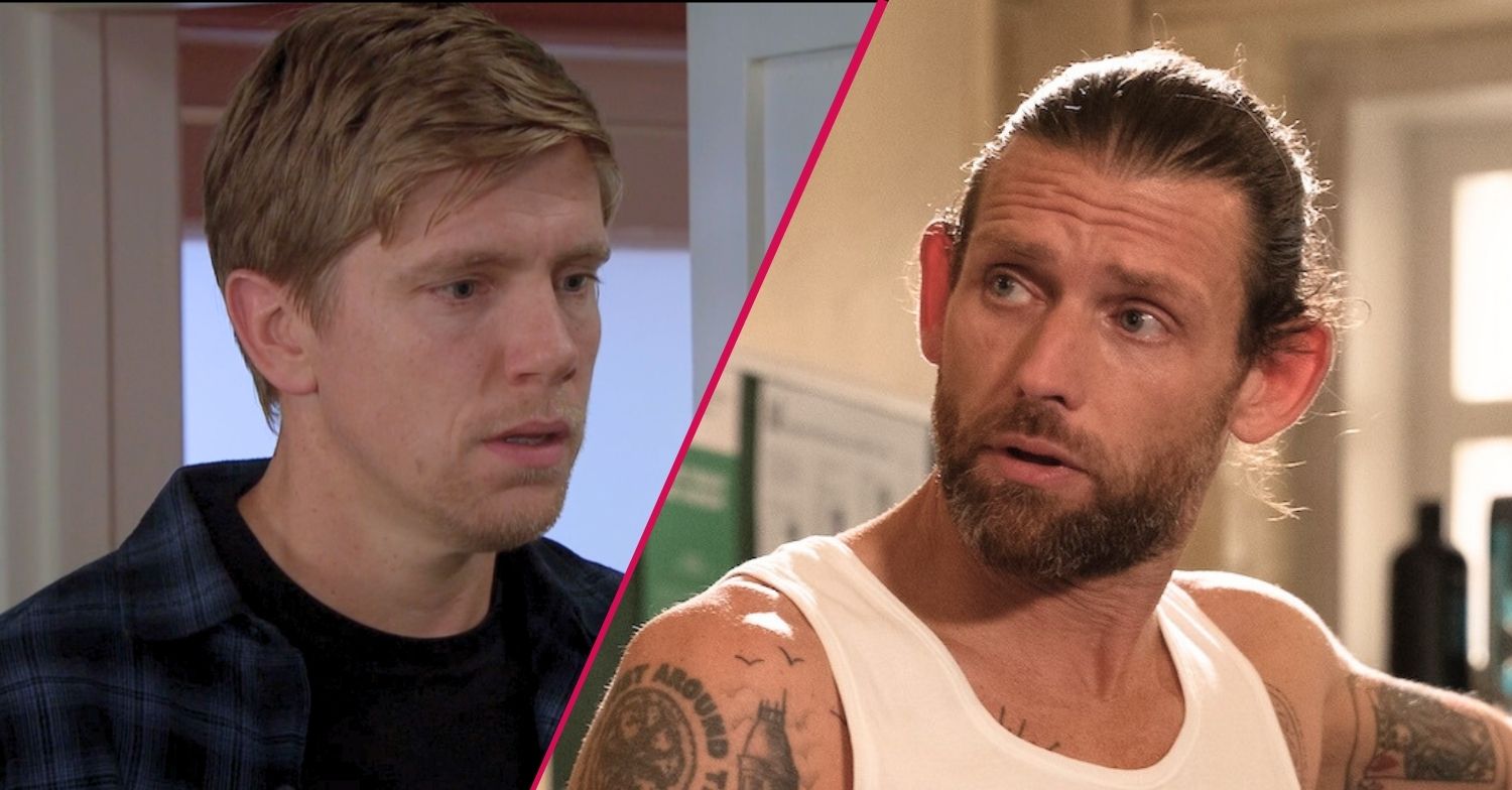 Robert and Kev in Emmerdale split pic looking concerned (Credit: ITV/Comp ED!)