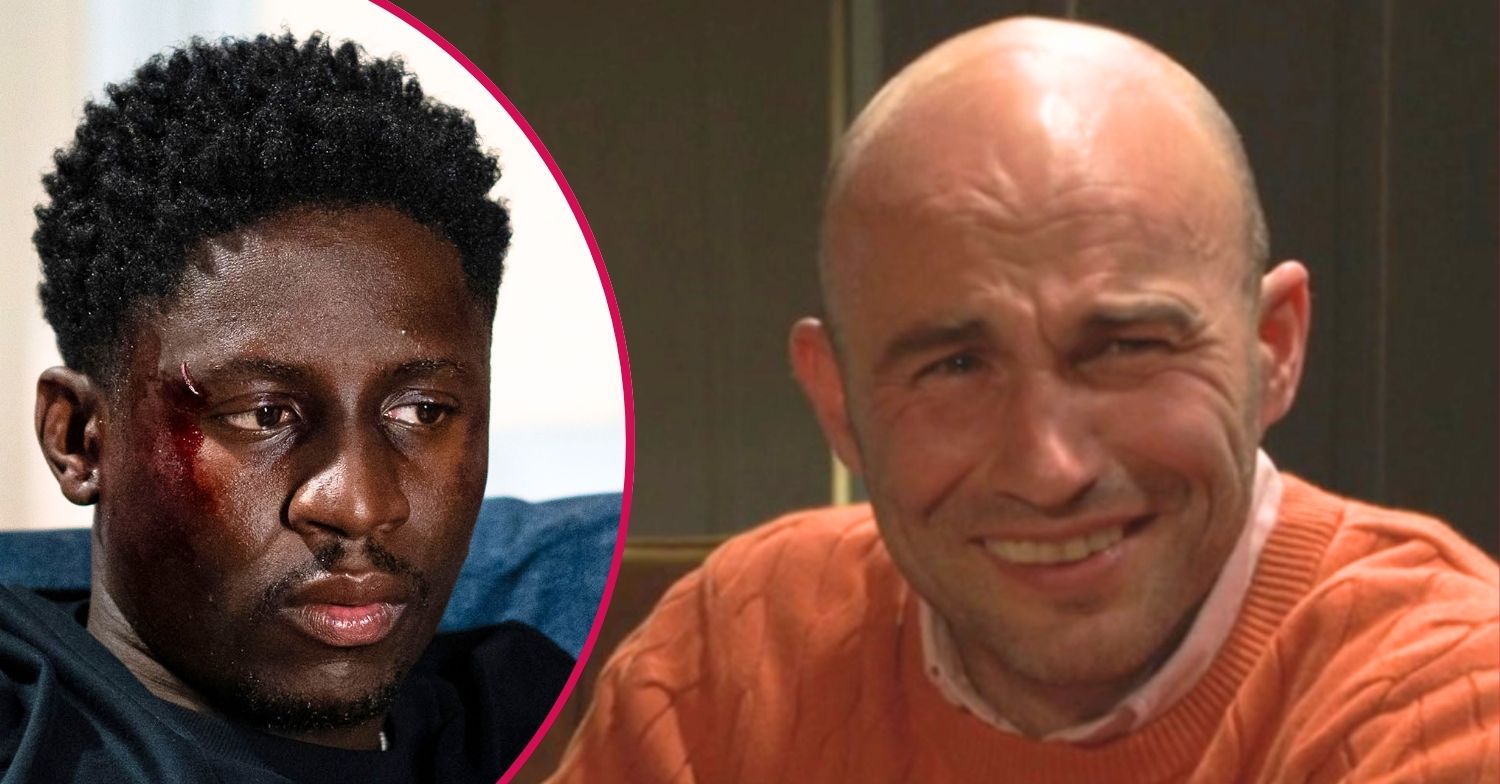 Teddy looks upset on EastEnders; inset, injured Okie (Credit: BBC/Composite: EI)