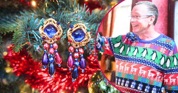 Two earrings on a Christmas tree; inset, Ian Beale in a Christmas jumper (Credit: BBC/Composite: ED!)
