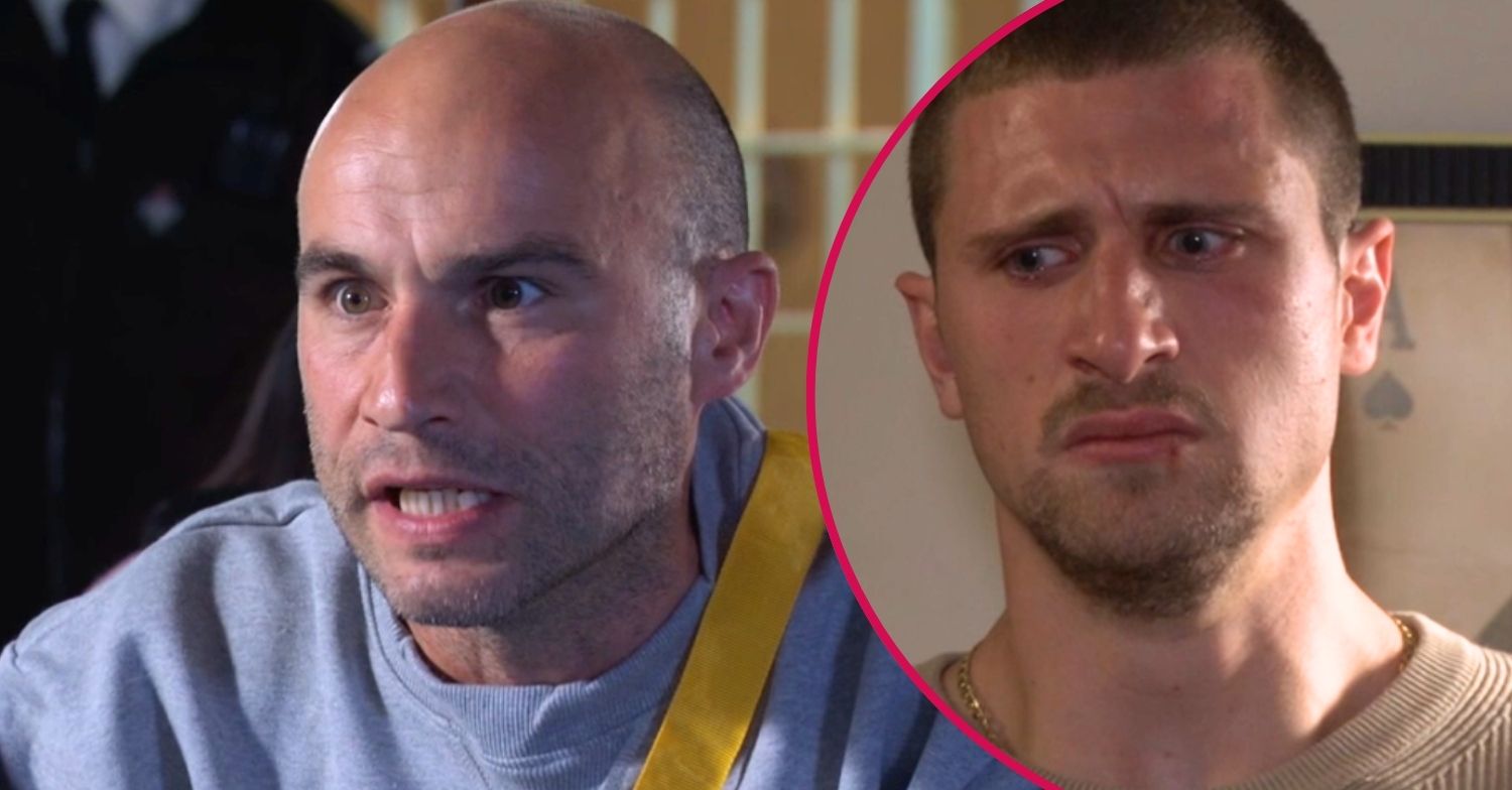 Teddy looks angry on EastEnders; inset, Harry looks sad (Credit: BBC/Composite: ED!)