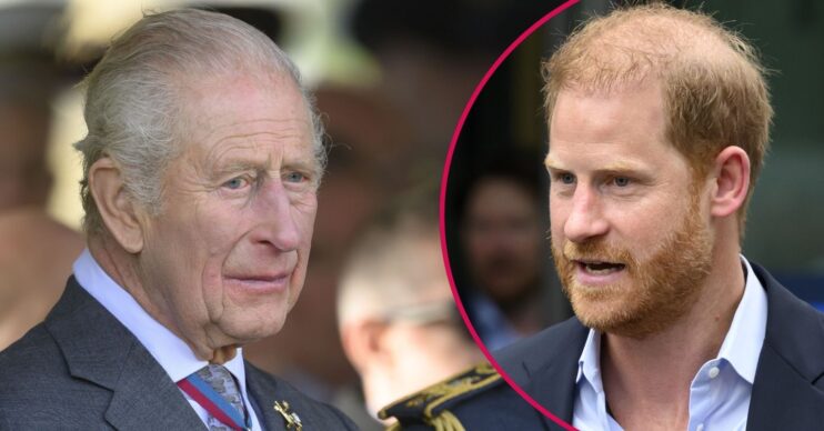 ED composite of King Charles and Prince Harry in suits, with straight expressions