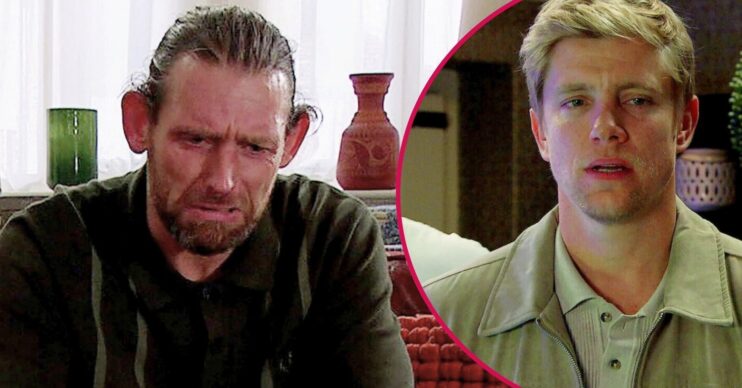 Kev cries and Robert looks worried in Emmerdale (Credit: ITV)