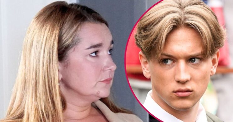 Vicki looks annoyed on EastEnders; inset, Joel looking menacing