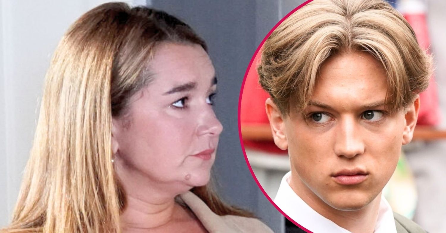 Vicki looks annoyed on EastEnders; inset, Joel looking menacing