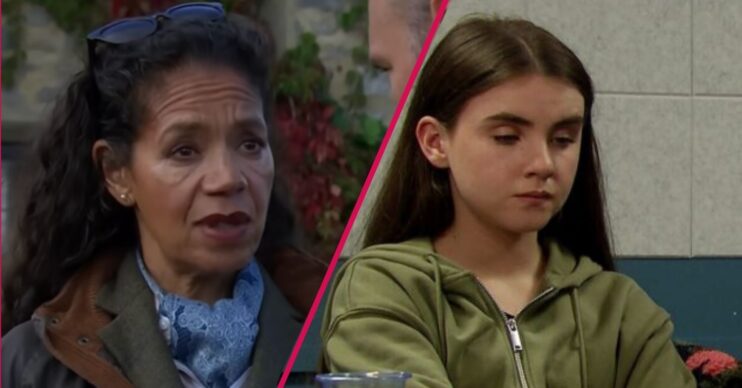 ED split pic: Celia threats to April / April in police station in Emmerdale