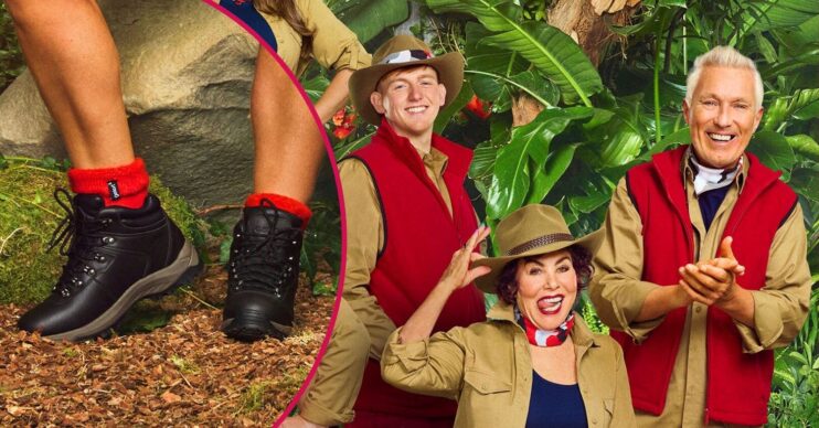 A contestant wearing red socks and black boots and the celebs in I'm A Celebrity 2025
