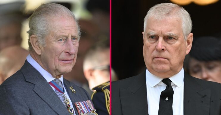 King Charles frowning beside Prince Andrew